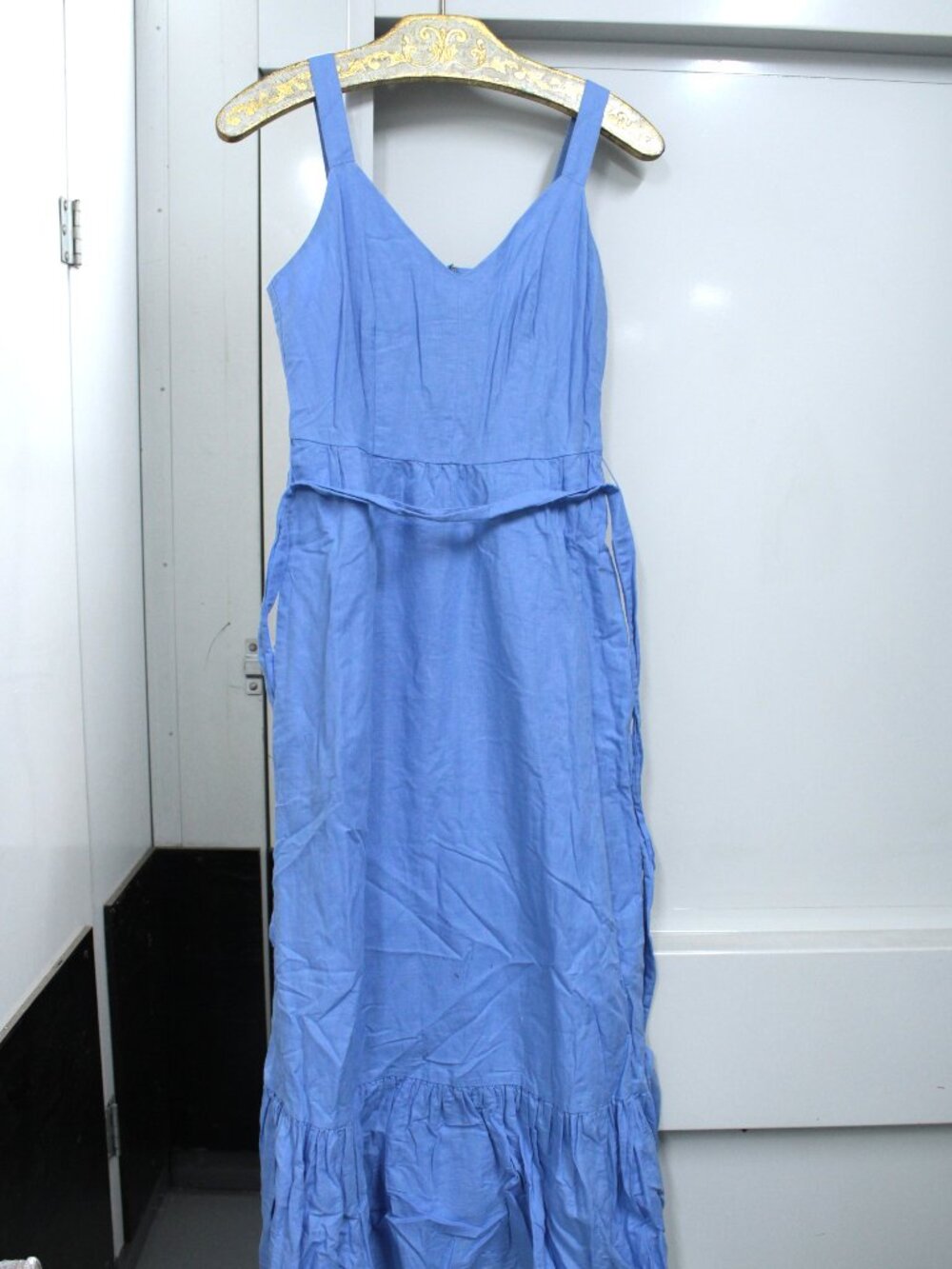 J Crew Factory Tiered Linen Cotton Sleeveless Maxi Dress Blue Belted sz 00 - Picture 2 of 10